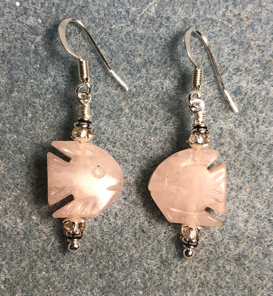 Small rose quartz gemstone angelfish bead earrings adorned with pink Chinese crystal beads.