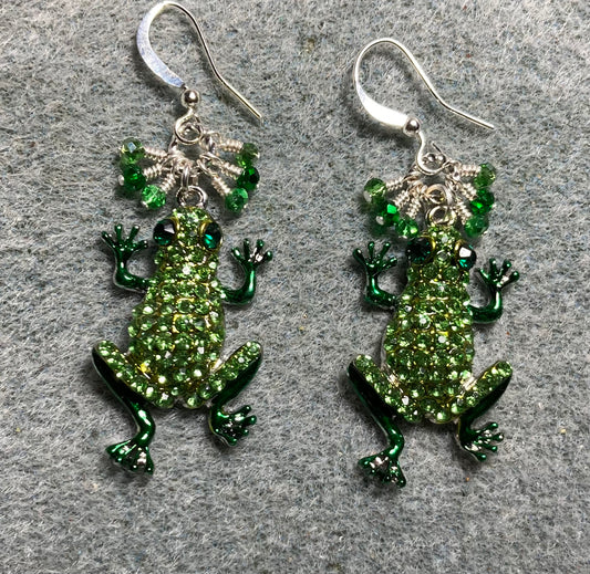 Sparkly green rhinestone frog charm earrings adorned with tiny dangling green Chinese crystal beads.