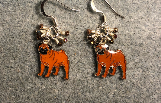 Small brown and black enamel bulldog charm earrings adorned with tiny dangling brown and black Chinese crystal beads.