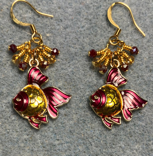 Rose pink and amber enamel angelfish charm earrings adorned with tiny dangling rose pink and amber Chinese crystal beads.