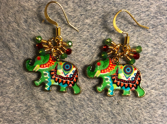 Green and red enamel elephant charm earrings adorned with tiny dangling green and red Chinese crystal beads.