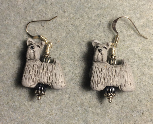 Gray ceramic Schnauzer bead earrings adorned with gray Czech glass beads.