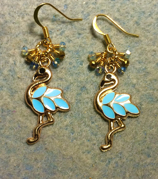 Light aqua and gold enamel flamingo charm earrings adorned with tiny dangling aqua and gold Chinese crystal beads.