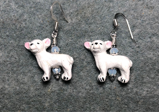 White ceramic chihuahua bead earrings adorned with white Chinese crystal beads.