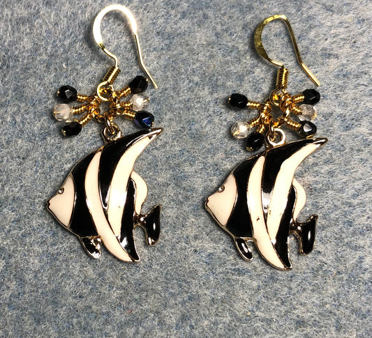 Black and white enamel striped angelfish charm earrings adorned with small dangling black and white Czech glass beads.