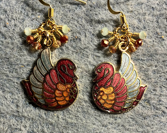 Vintage dark red, amber, and green cloisonné swan charm earrings adorned with tiny dangling dark red, amber, and green Chinese crystal beads.
