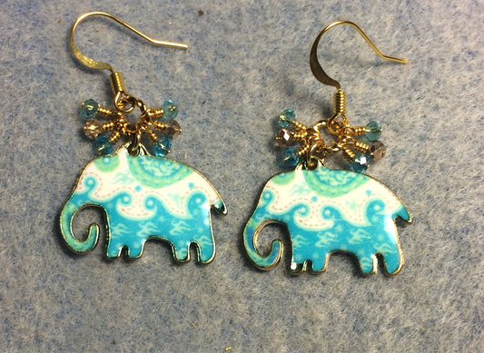 Turquoise and teal enamel elephant charm earrings adorned with tiny dangling turquoise, gold, and teal Chinese crystal beads.