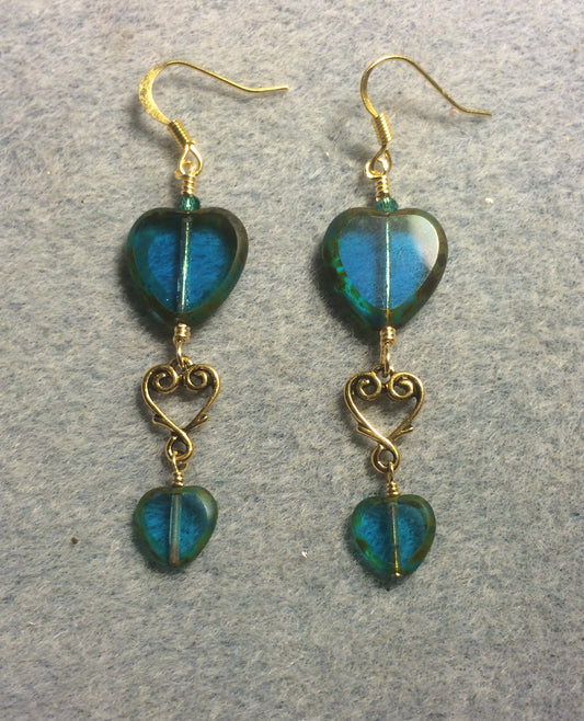 Large and small matching turquoise Czech glass heart bead earrings joined by gold Tierracast heart connectors.