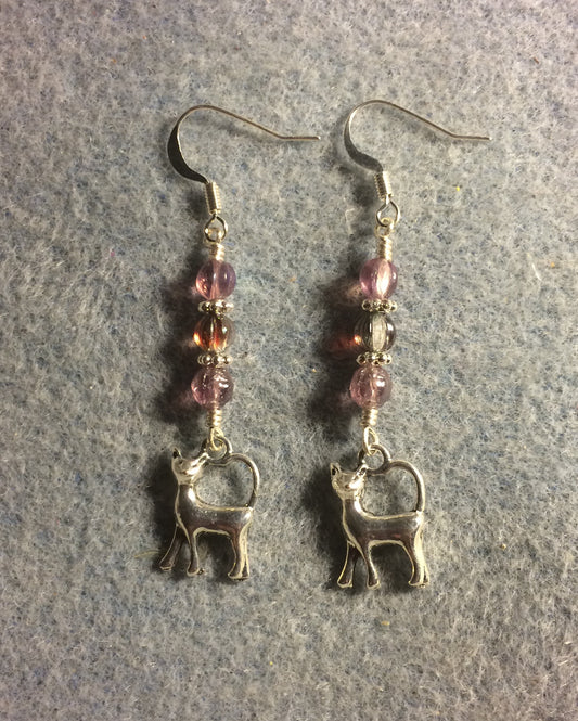 Small silver cat charm earrings adorned with small violet Czech glass beads