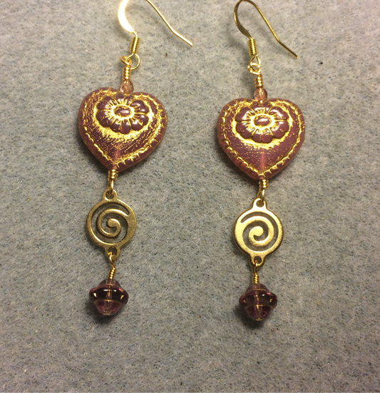 Pink (with gold inlay) Czech glass heart bead earrings adorned with gold swirly links and pink Czech glass Saturn beads.