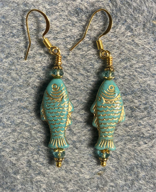 Light turquoise (with gold inlay) Czech glass fish bead earrings adorned with turquoise Chinese crystal beads.