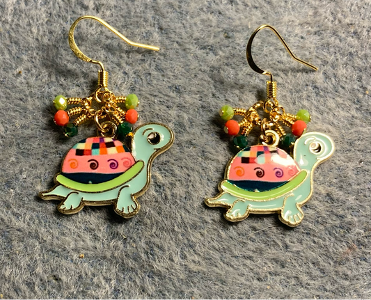 Aqua, coral, and green enamel turtle charm earrings adorned with tiny dangling aqua, coral, and green Chinese crystal beads.