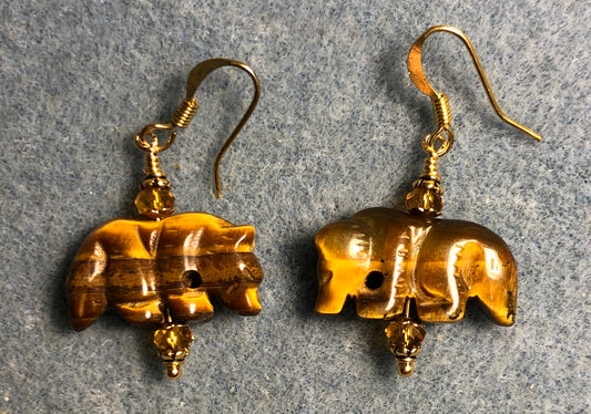 Tigereye gemstone wolf bead earrings with amber Chinese crystal beads.