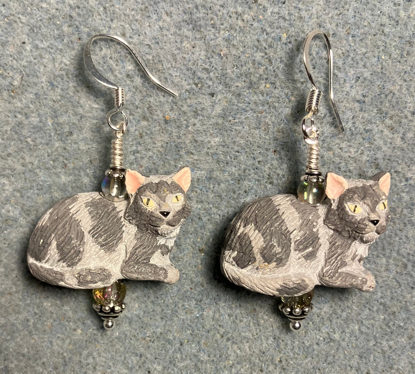 Gray and white ceramic cat bead earrings adorned with clear Czech glass beads.