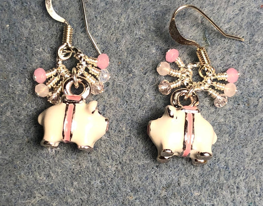 Small silver, white, and pink enamel pig charm earrings adorned with small dangling pink Chinese crystal beads.