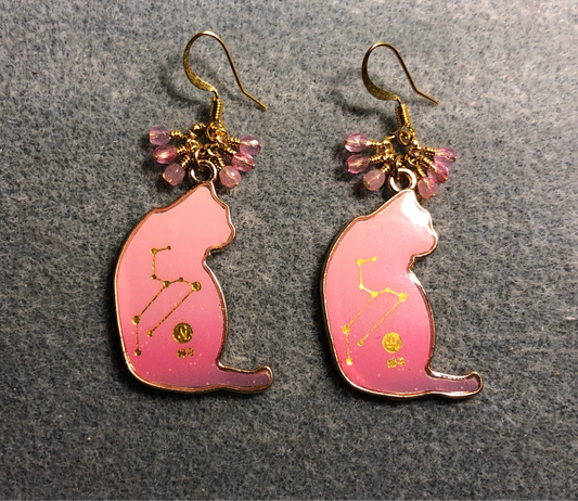 Pink and gold enamel cat charm earrings adorned with tiny dangling pink Czech glass beads.