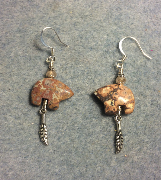 Peach leopard skin gemstone Zuni bear fetish bear earrings adorned with peach crystal beads and tiny silver feather charms.