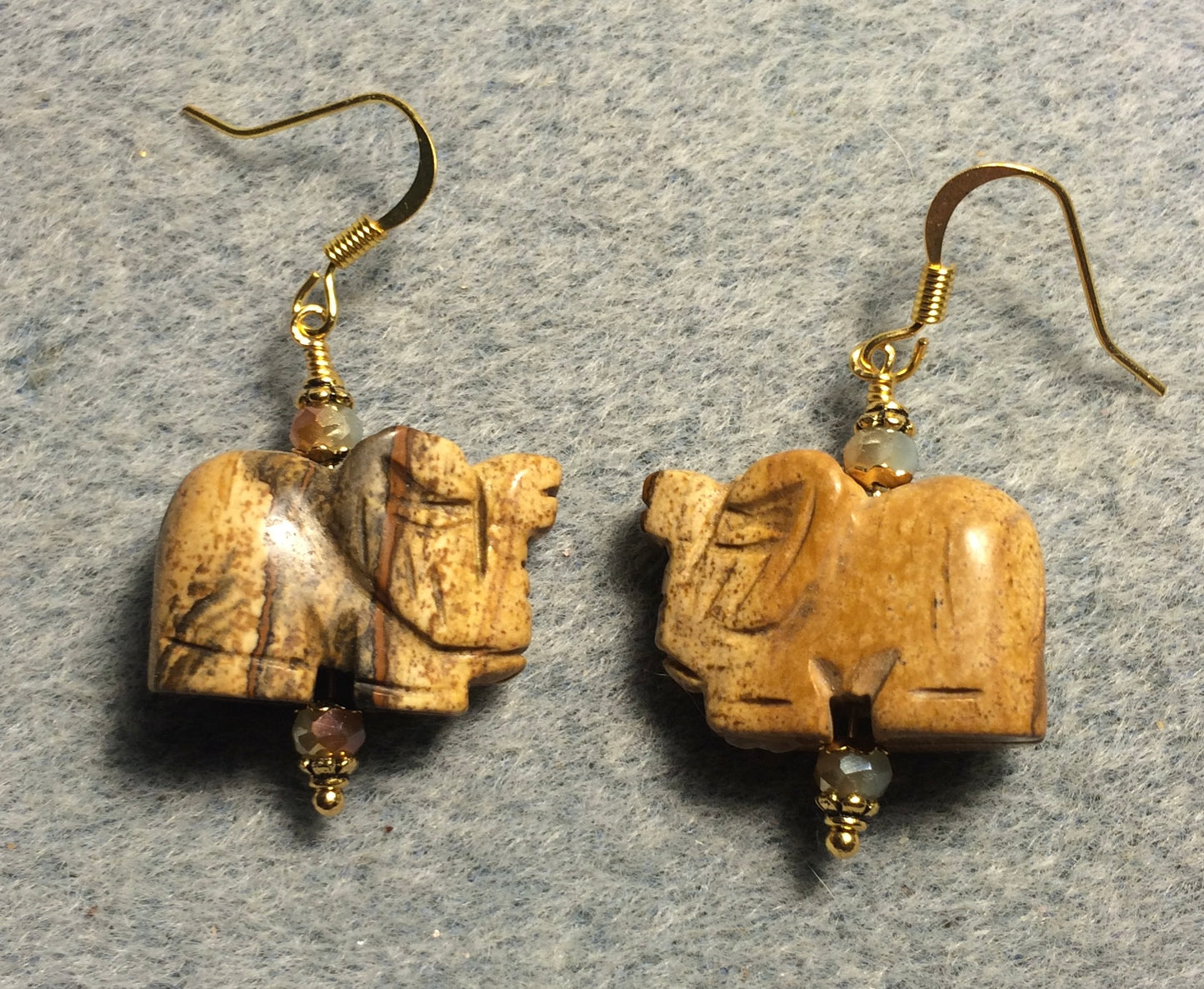 Picture jasper gemstone elephant bead earrings adorned with tan Chinese crystal beads.