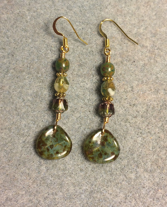 Green Picasso Czech glass rose petal earrings adorned with green Picasso Czech glass beads.