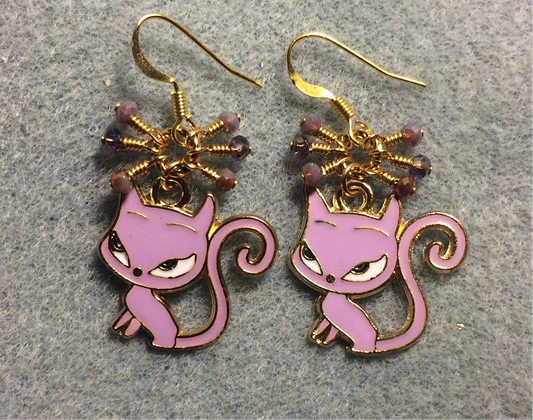 Purple, gold, and white enamel fox (or devil cat) charm earrings adorned with tiny dangling purple and gold Chinese crystal beads.