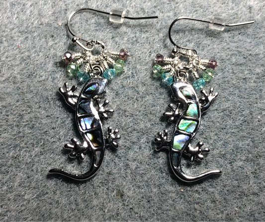Silver and abalone lizard charm earrings adorned with tiny dangling green, aqua, and violet Chinese crystal beads.