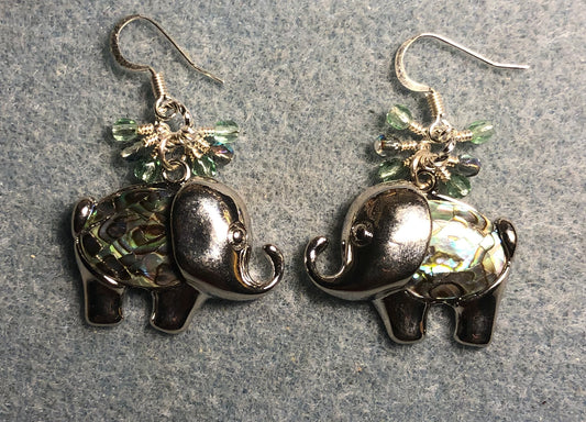 Large silver and abalone elephant charm earrings adorned with small dangling green and silver Czech glass beads.