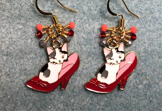 Gray, white, pink, and red enamel cats charm earrings adorned with tiny dangling gray, pink, and red Chinese crystal beads.