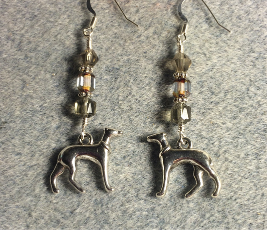 Silver greyhound charm earrings adorned with gray Czech glass beads