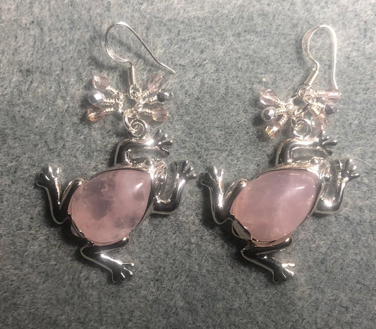 Large silver and pink rose quartz gemstone frog charm earrings adorned with small dangling pink snd silver Czech glass beads.