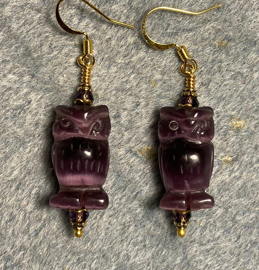 Purple fiber optic (cat’s eye) owl bead earrings adorned with purple Chinese crystal beads.