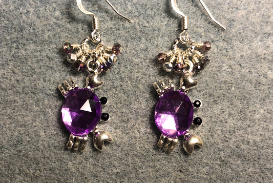 Silver and purple rhinestone crab charm earrings adorned with tiny dangling purple and silver Chinese crystal beads.