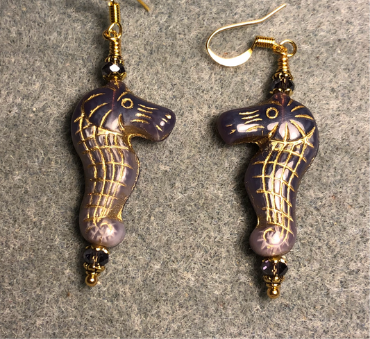 Purple violet (with gold inlay) Czech glass seahorse bead earrings adorned with purple Chinese crystal beads.