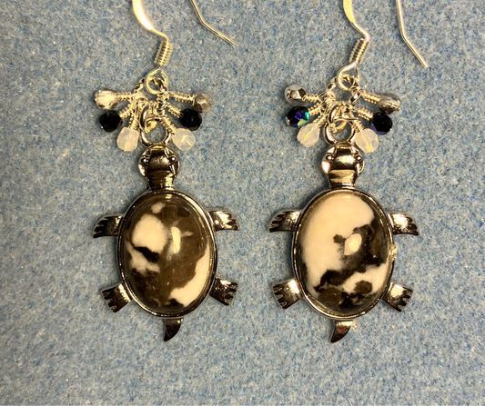 Large silver and zebra jasper gemstone turtle charm earrings adorned with small dangling brown, white, and silver Czech glass beads.