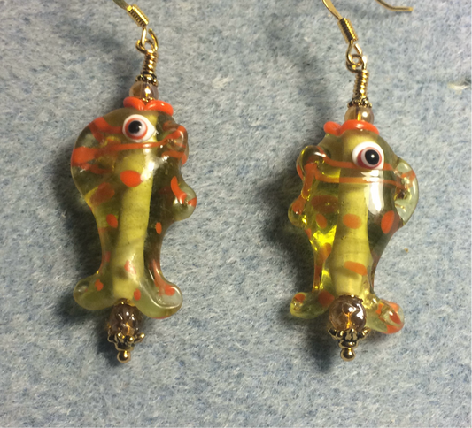 Amber and orange lamp work fish bead earrings adorned with amber Czech glass beads.