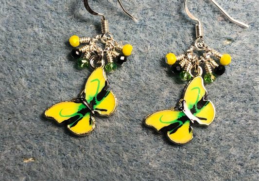 Yellow, green, and black enamel butterfly charm earrings adorned with tiny dangling yellow, green, and black Chinese crystal beads.