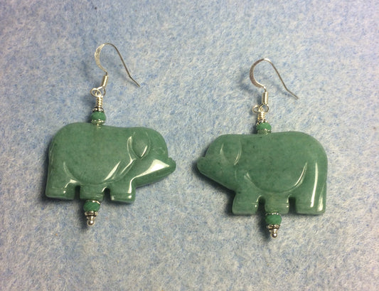 Large dark green aventurine gemstone pig bead earrings adorned with green Chinese crystal beads.