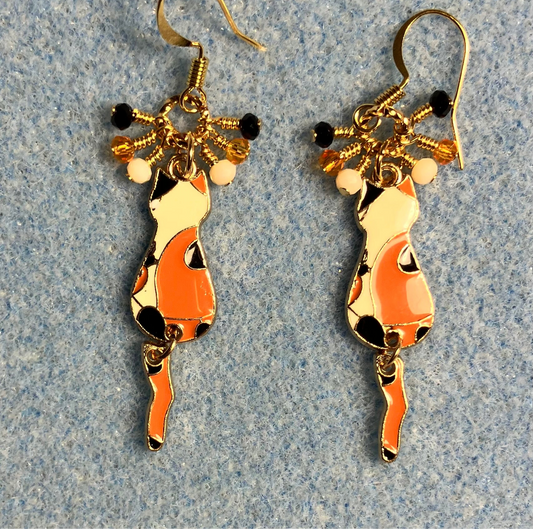 Orange, black, and white enamel calico cat charm earrings adorned with tiny dangling orange, black, and white Chinese crystal beads.