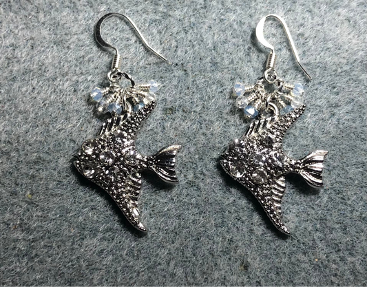 Silver and clear rhinestone angelfish charm earrings adorned with tiny dangling silver and clear Chinese crystal beads.