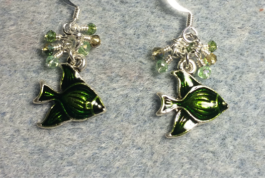 Silver and green enamel angelfish charm earrings adorned with tiny dangling green Chinese crystal beads.