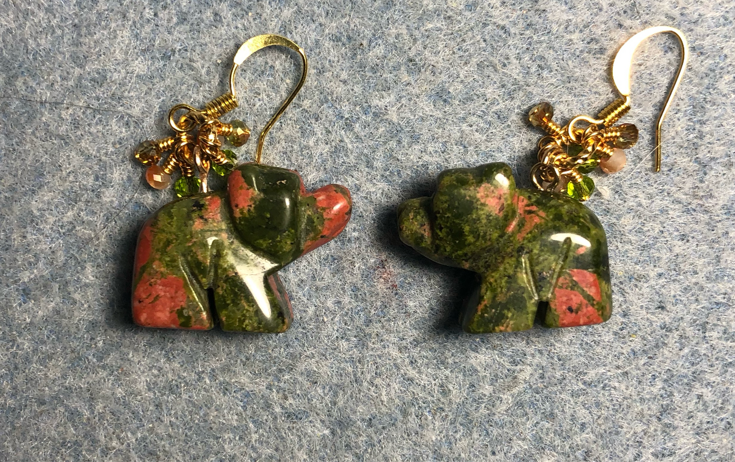 Green and orange unakite gemstone elephant bead earrings adorned with tiny dangling olive green and orange Chinese crystal beads.