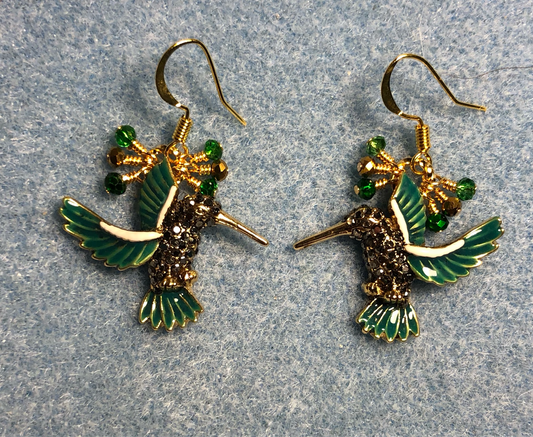 Dark green and gold enamel and rhinestone hummingbird charm earrings adorned with tiny dangling dark green and gold Chinese crystal beads.