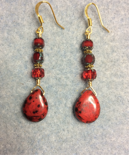 Red Picasso Czech glass pear drop bead earrings adorned with red Czech glass beads.