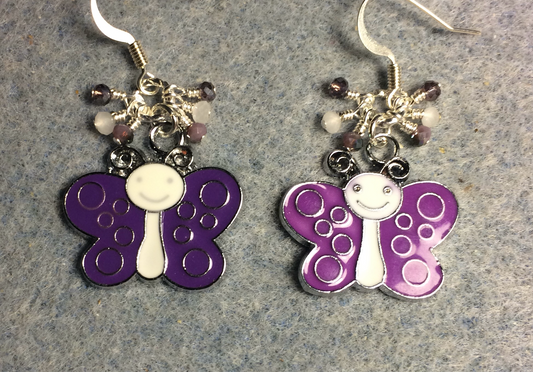 Silly purple and white enamel butterfly charm earrings adorned with tiny dangling purple and white Chinese crystal beads.