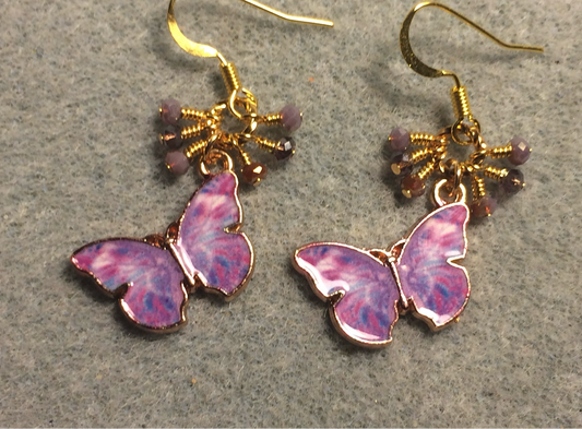 Lavender enamel butterfly charm earrings adorned with tiny dangling lavender Chinese crystal beads.