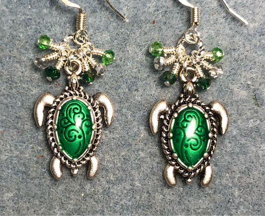 Bright green enamel sea turtle charm earrings adorned with small dangling green and silver Chinese crystal beads.