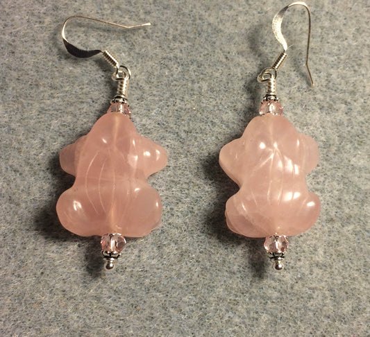 Large pink rose quartz gemstone frog bead earrings adorned with pink Chinese crystal beads.