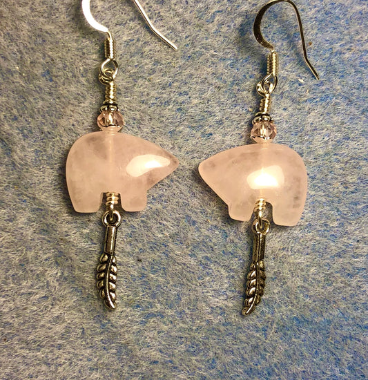 Pink rose quartz gemstone Zuni bear fetish bear earrings adorned with pink crystal beads and tiny silver feather charms.