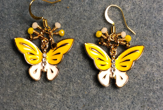 Yellow and white enamel and rhinestone butterfly charm earrings adorned with tiny dangling yellow, white, and gold Chinese crystal beads.