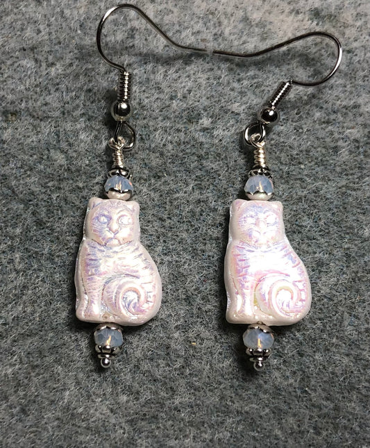 Medium shimmery white Czech glass cat bead earrings adorned with white Chinese crystal beads.