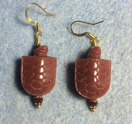 Dark red gemstone turtle bead earrings adorned with dark red Chinese crystal beads.